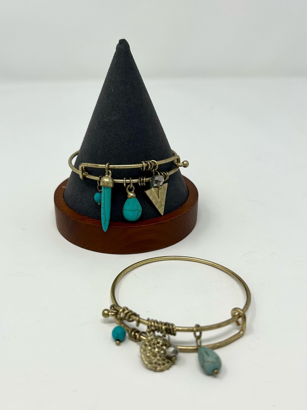 Boho Southwestern Wire Bangle Set of 2 Gold Tone Arrowhead & Turquoise Accents